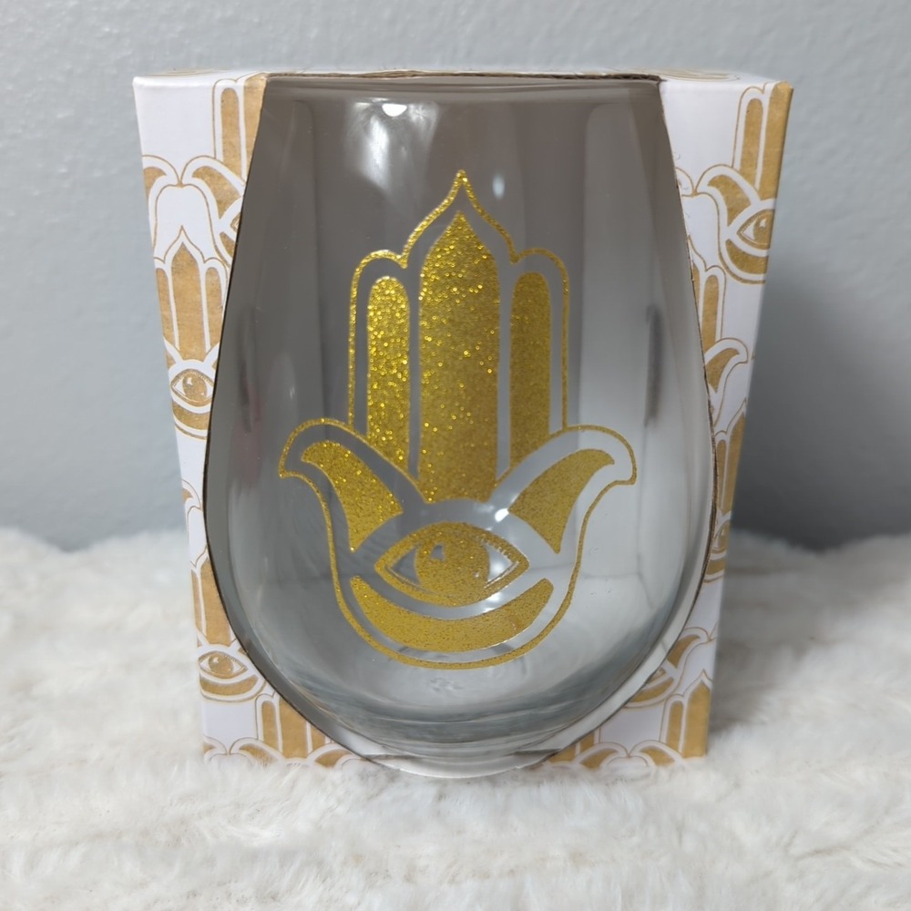 Prima Design Party In A Glass Golden Hamsa hand‎  20 Oz Stemless Wine Glass NEW